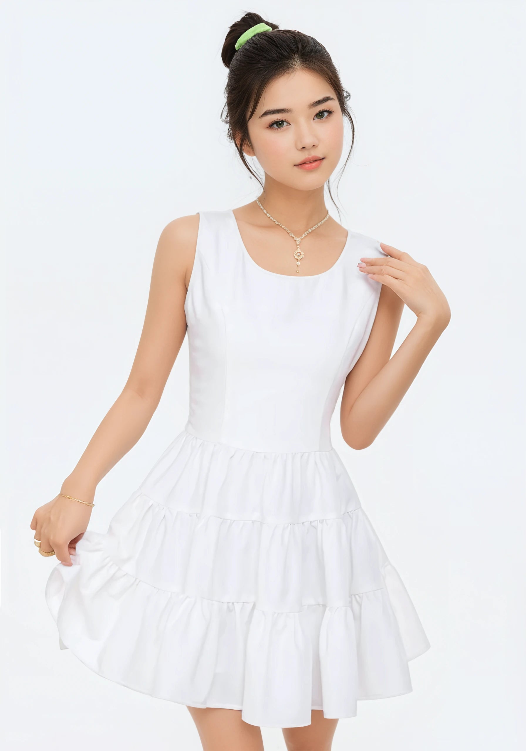 Sleeveless Tiered Skirt Dress with Deep V-Back and Bow Accent