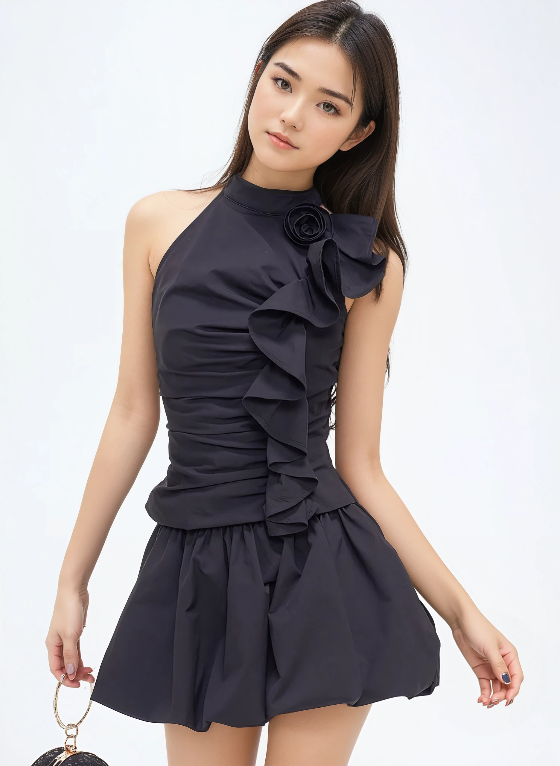 Halter Ruched Ruffle Top with Rose Applique and Balloon Mini Skirt Two-Piece Set