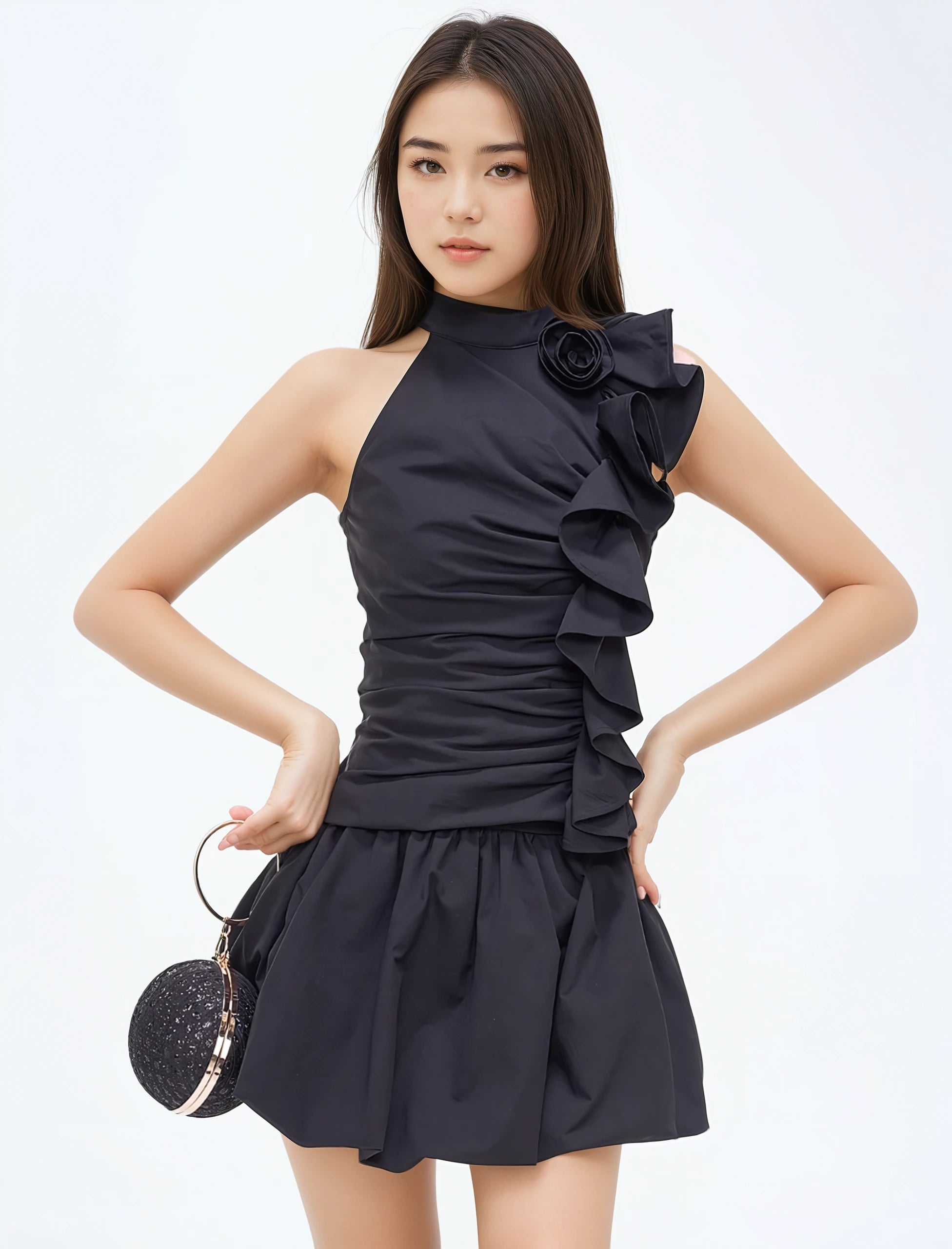 Halter Ruched Ruffle Top with Rose Applique and Balloon Mini Skirt Two-Piece Set