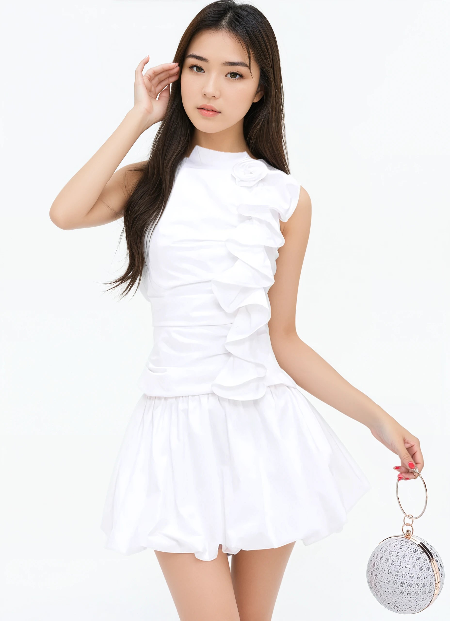 Halter Ruched Ruffle Top with Rose Applique and Balloon Mini Skirt Two-Piece Set
