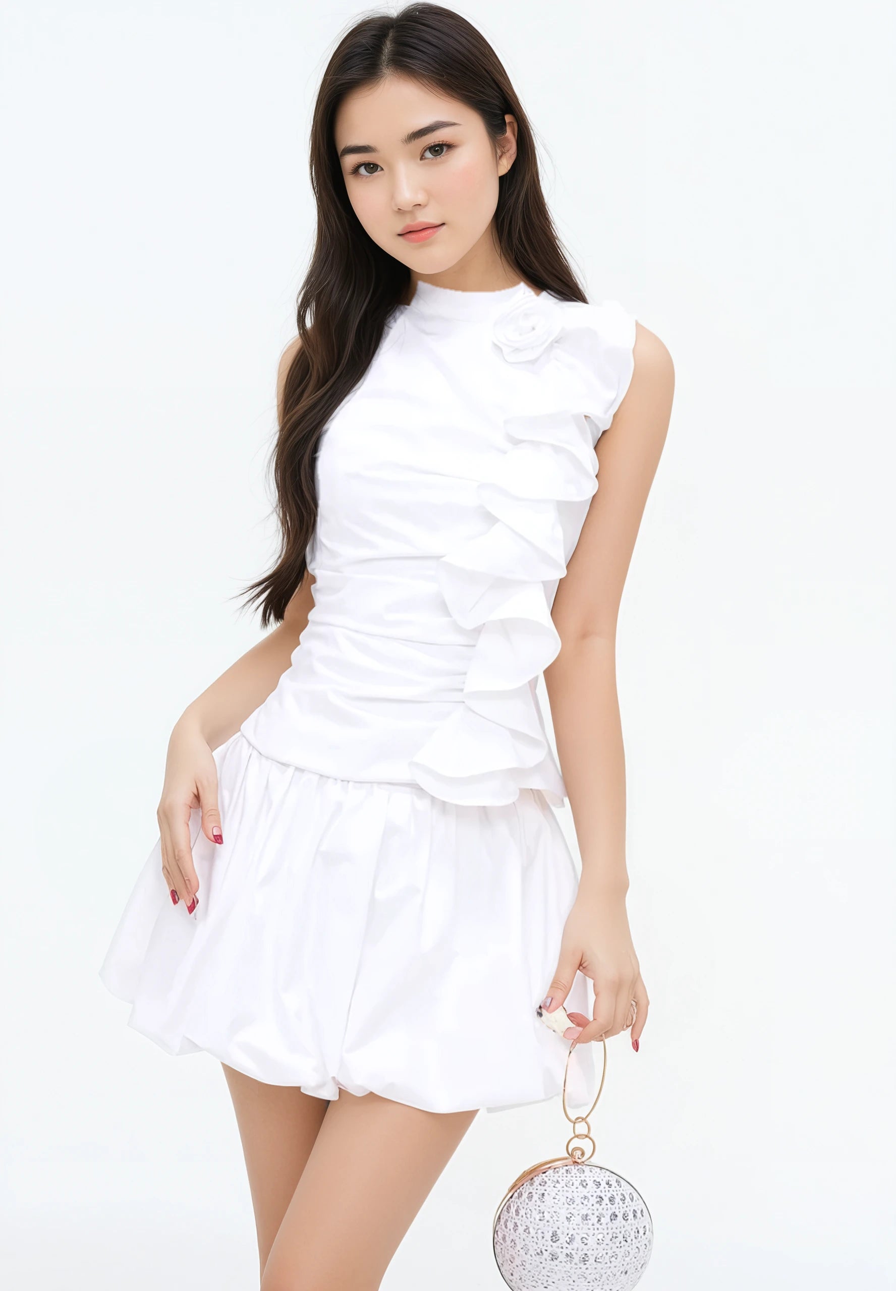 Halter Ruched Ruffle Top with Rose Applique and Balloon Mini Skirt Two-Piece Set