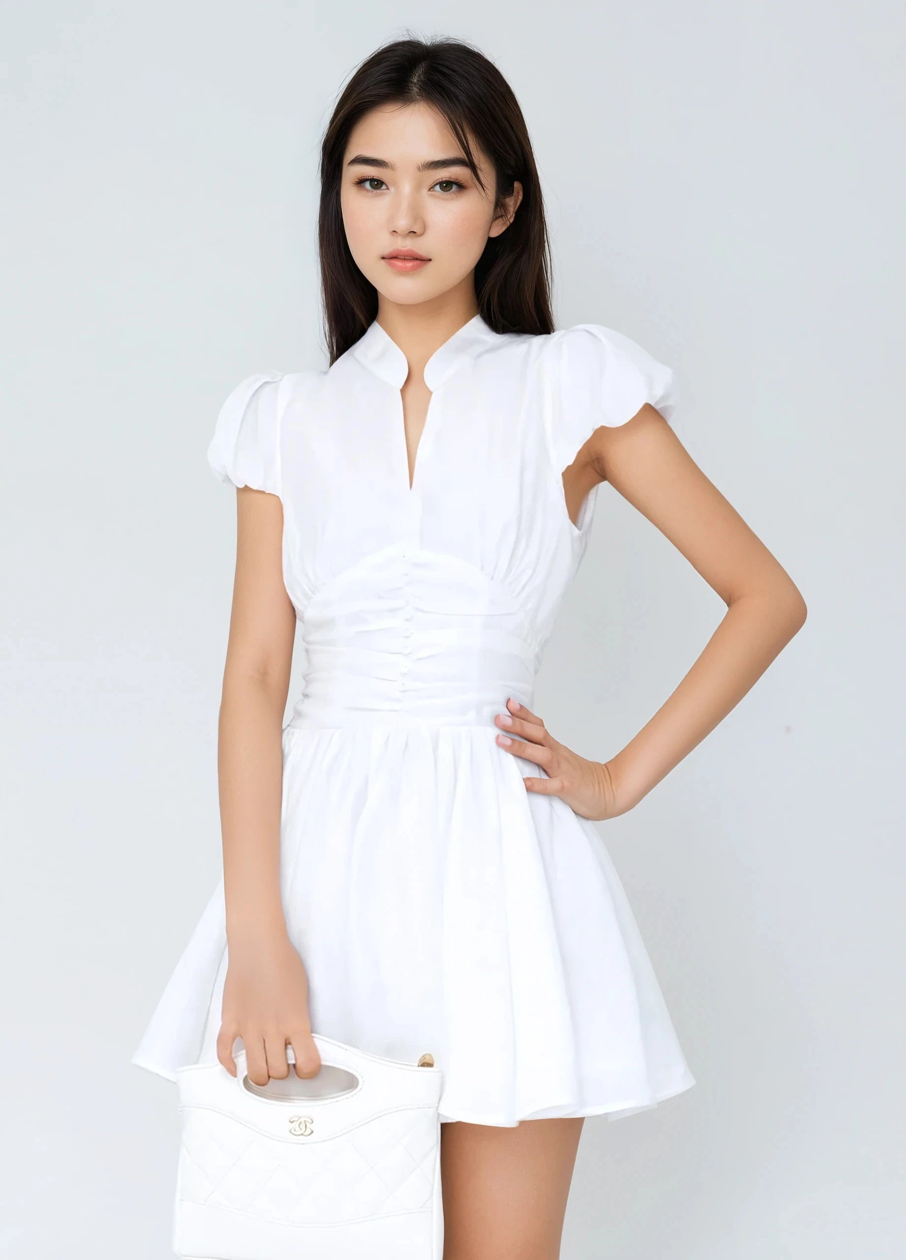 Ruched Waist Button Front Puff Sleeve Mini Dress