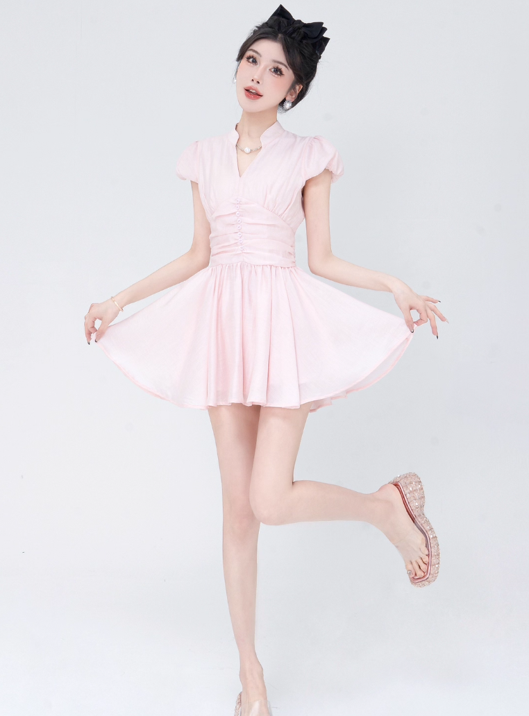 Ruched Waist Button Front Puff Sleeve Mini Dress