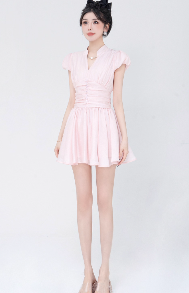 Ruched Waist Button Front Puff Sleeve Mini Dress