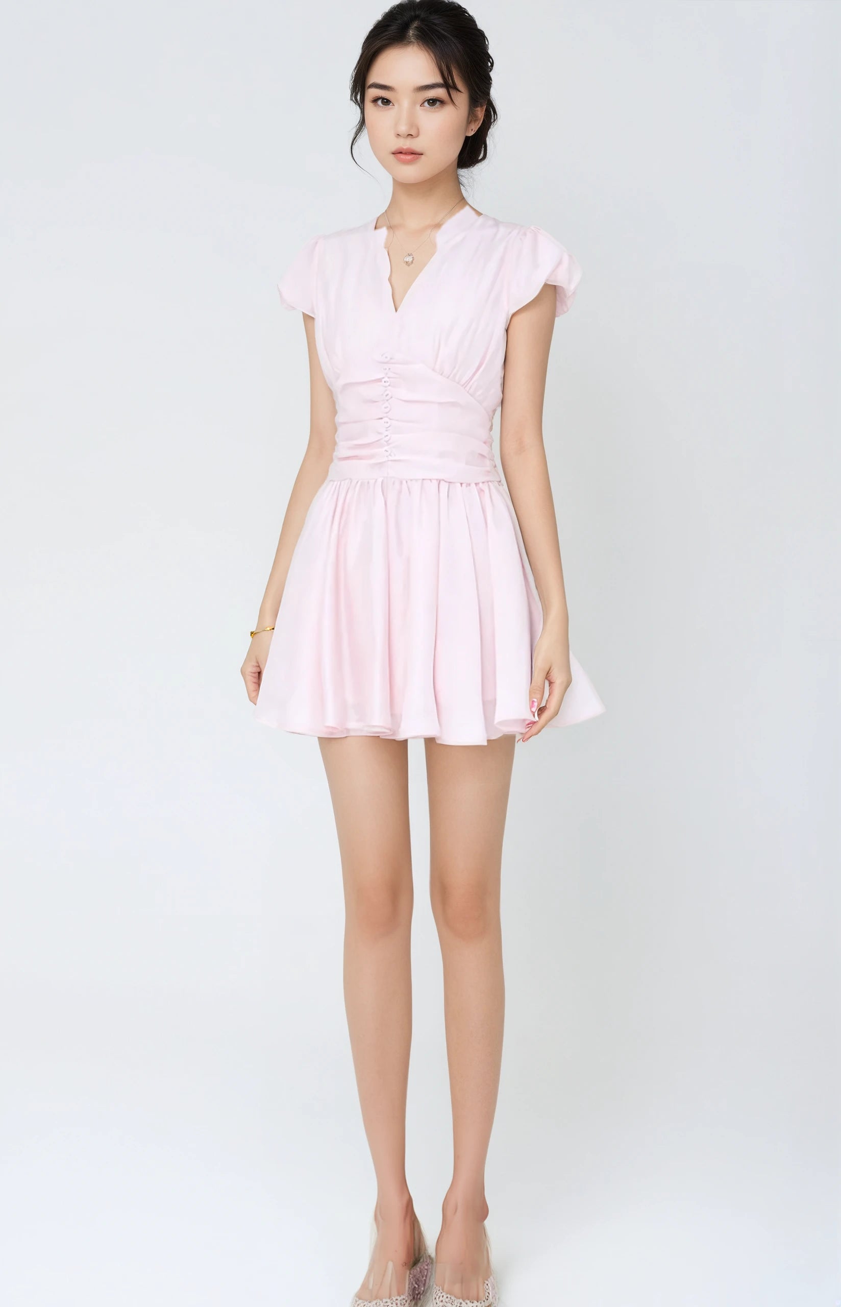Ruched Waist Button Front Puff Sleeve Mini Dress