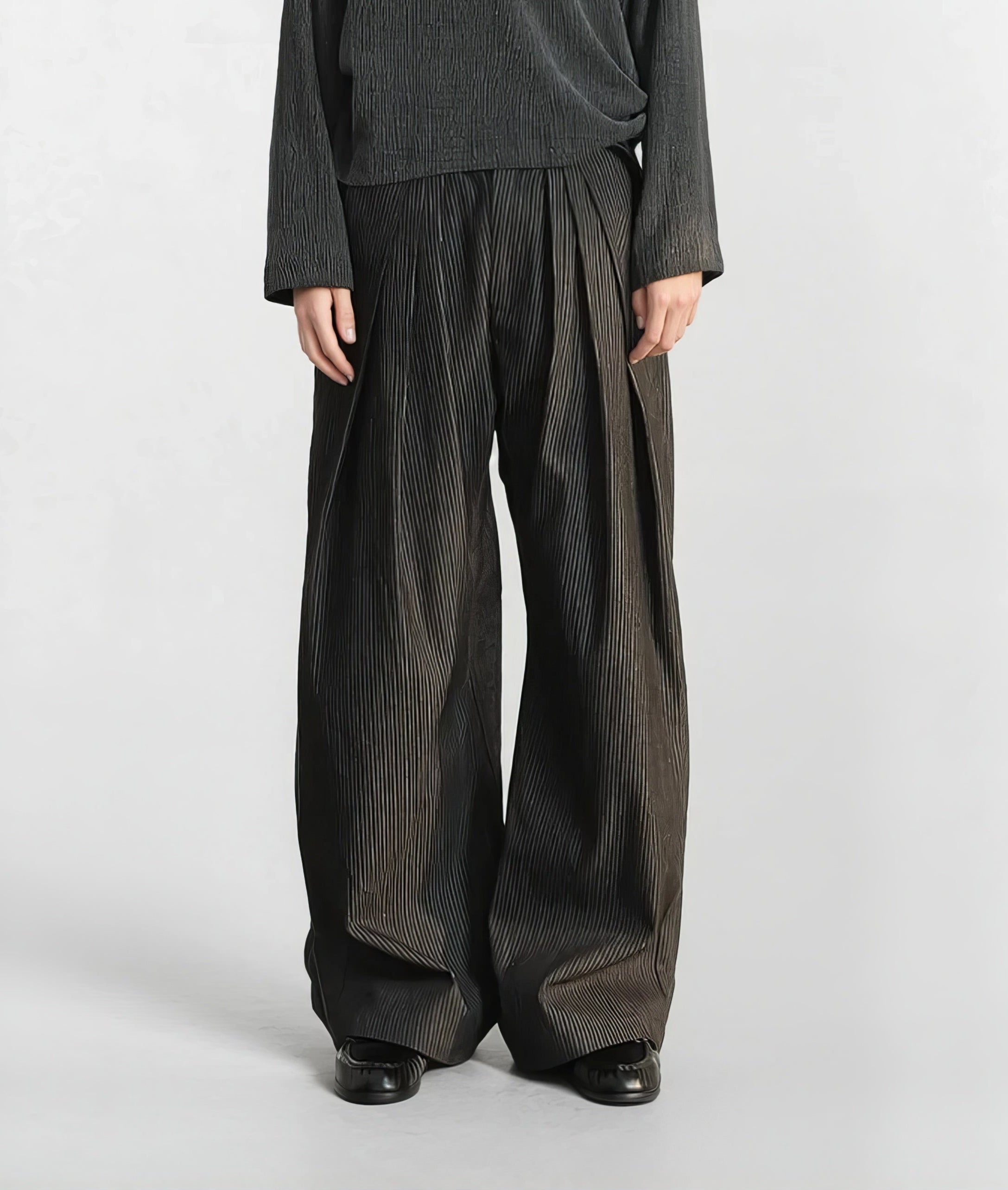 Pinstripe Wide Leg Semi-Flare Multi Pleated Pants