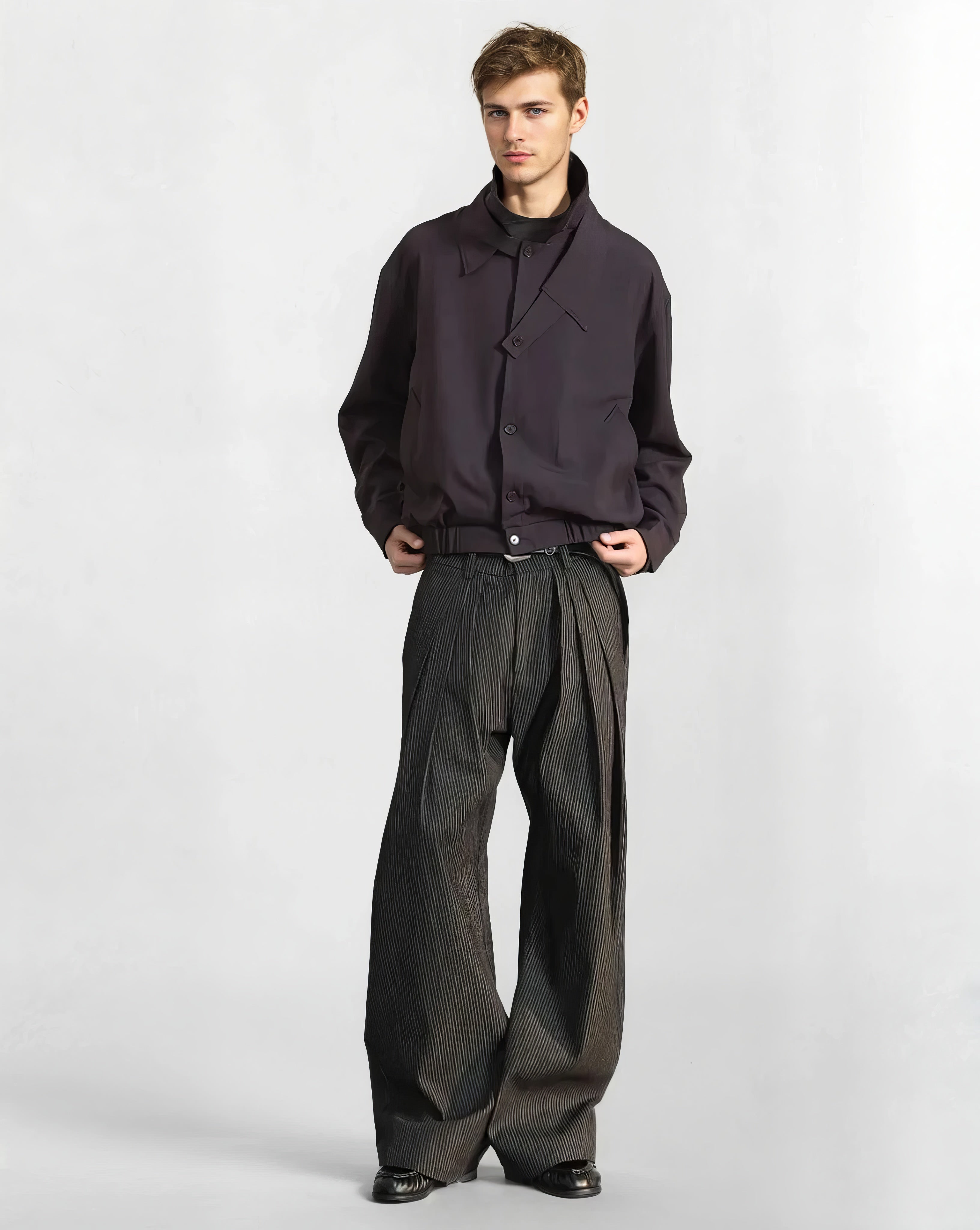 Pinstripe Wide Leg Semi-Flare Multi Pleated Pants