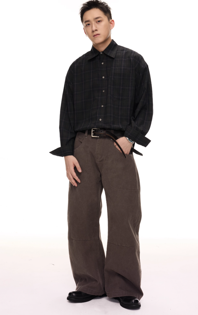 Drop Shoulder Plaid Long Sleeve Button Shirt