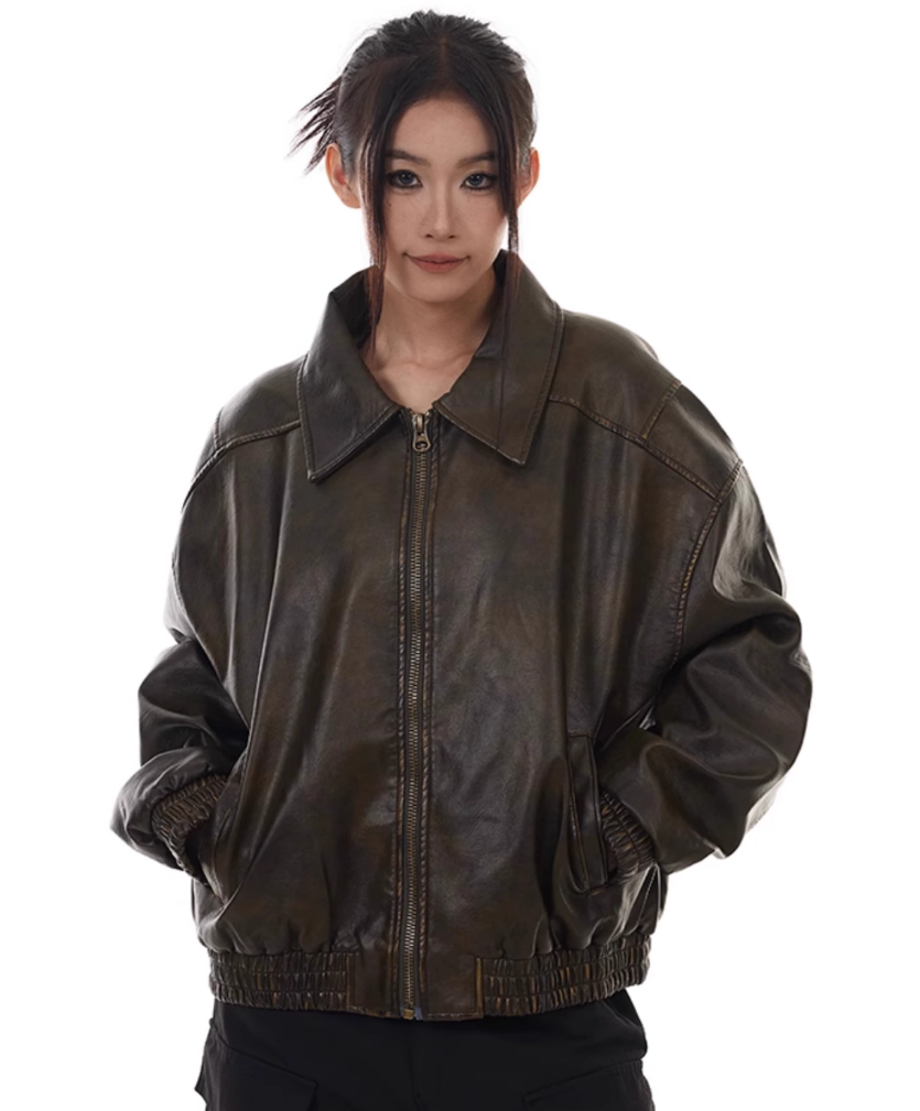 Oversized Drop Shoulder Faux Leather Zip Jacket