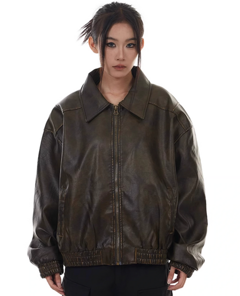 Oversized Drop Shoulder Faux Leather Zip Jacket – nightcity clothing