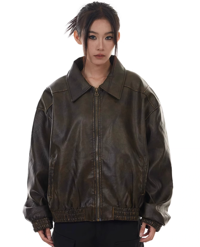 Oversized Drop Shoulder Faux Leather Zip Jacket