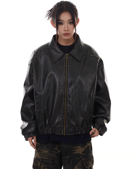 Oversized Drop Shoulder Faux Leather Zip Jacket – nightcity clothing