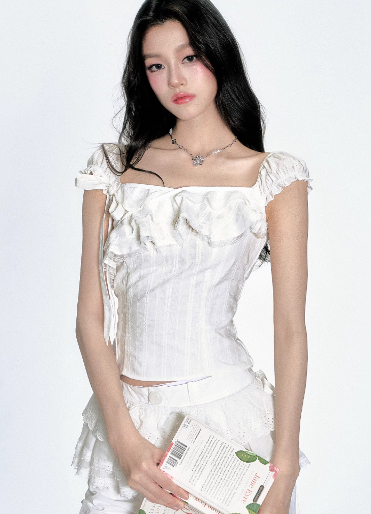 Shirred Sleeves Ruffle Corset Top