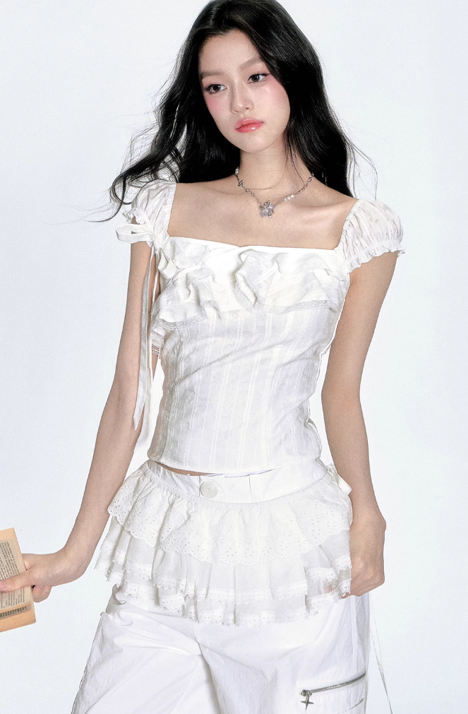 Shirred Sleeves Ruffle Corset Top