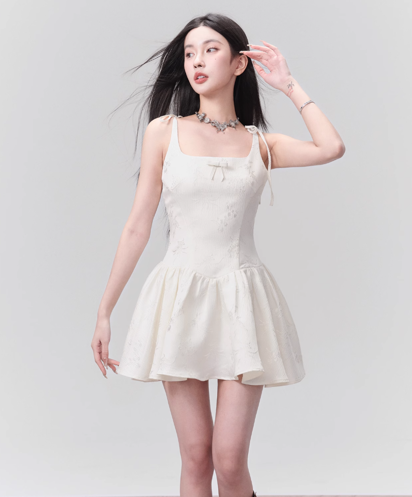 Floral Jacquard Corset Bodice Mini Dress with Bow Detail