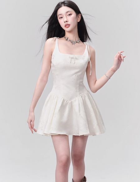 Floral Jacquard Corset Bodice Mini Dress with Bow Detail