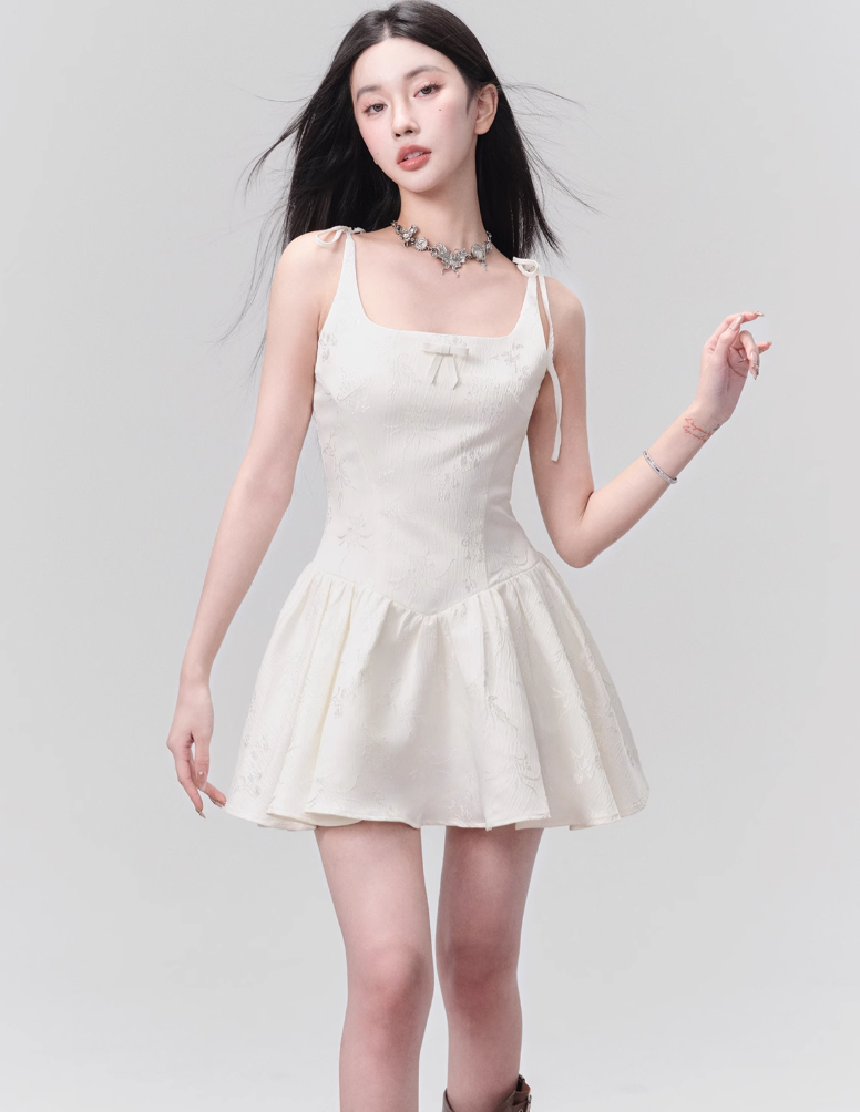 Floral Jacquard Corset Bodice Mini Dress with Bow Detail