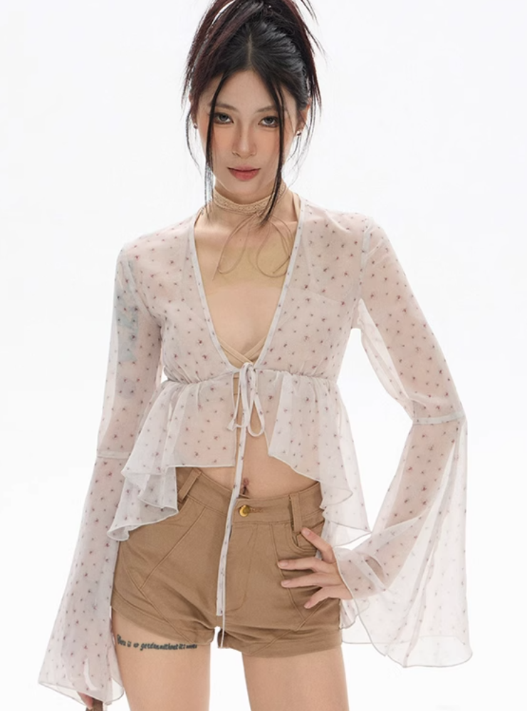 Sheer Floral Tie Front Flare Sleeve Blouse