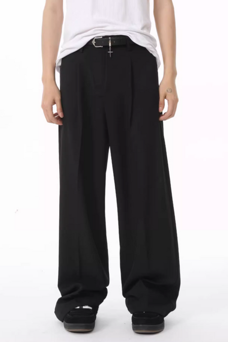 Wide Leg Pleated Trousers with Asymmetric Button Closure