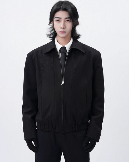 Embroidered Zip-Up Bomber Jacket with Structured Shoulders