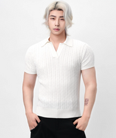 Ribbed Trim Cable Knit Pattern Polo Shirt - nightcity clothing