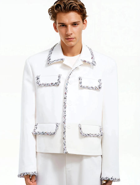 Boxy Cropped Blazer Jacket with Contrast Tweed Trim