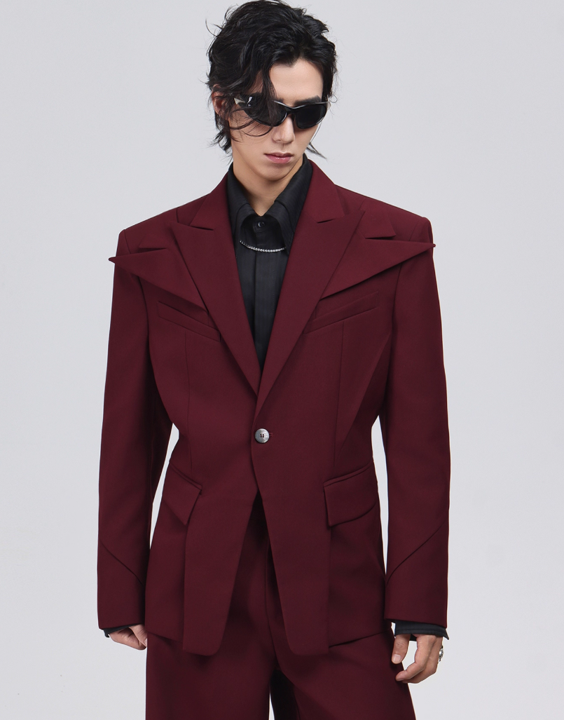 Structured Blazer with Extended Shoulder Lapels and Wide Leg Pants Two-Piece Set