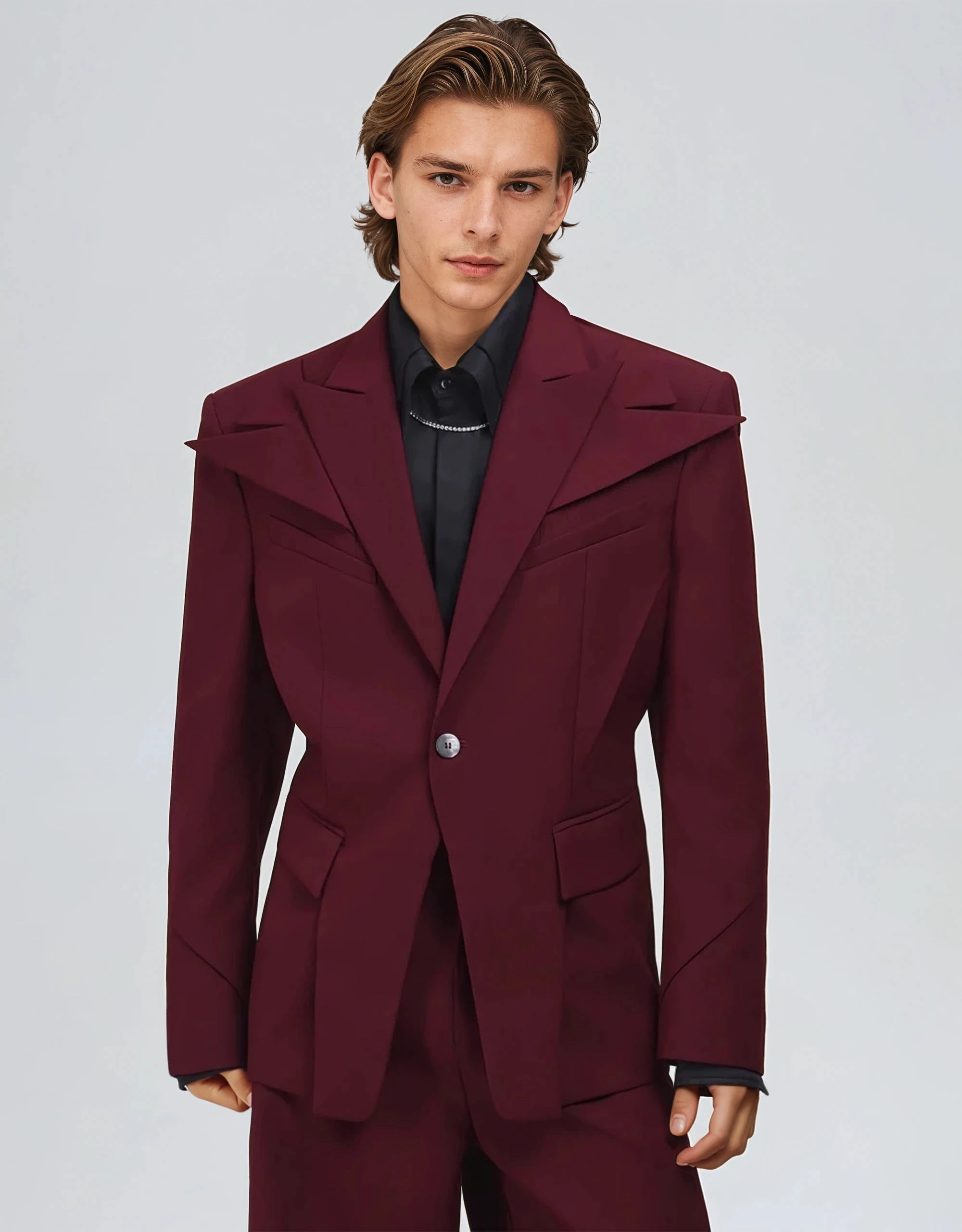 Structured Blazer with Extended Shoulder Lapels and Wide Leg Pants Two-Piece Set