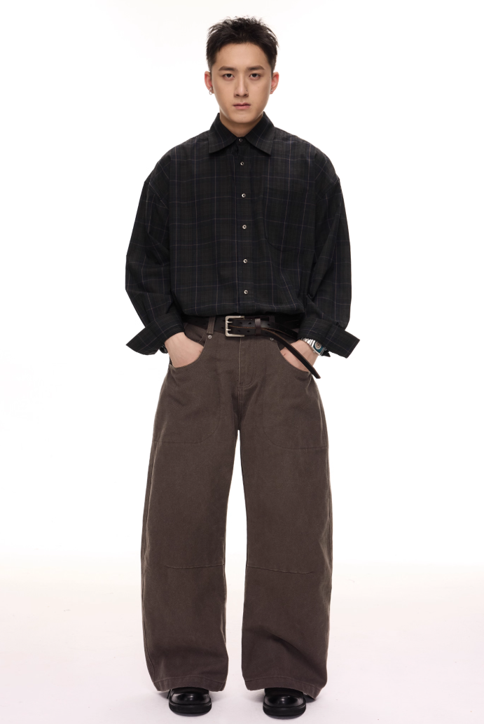 Drop Shoulder Plaid Long Sleeve Button Shirt