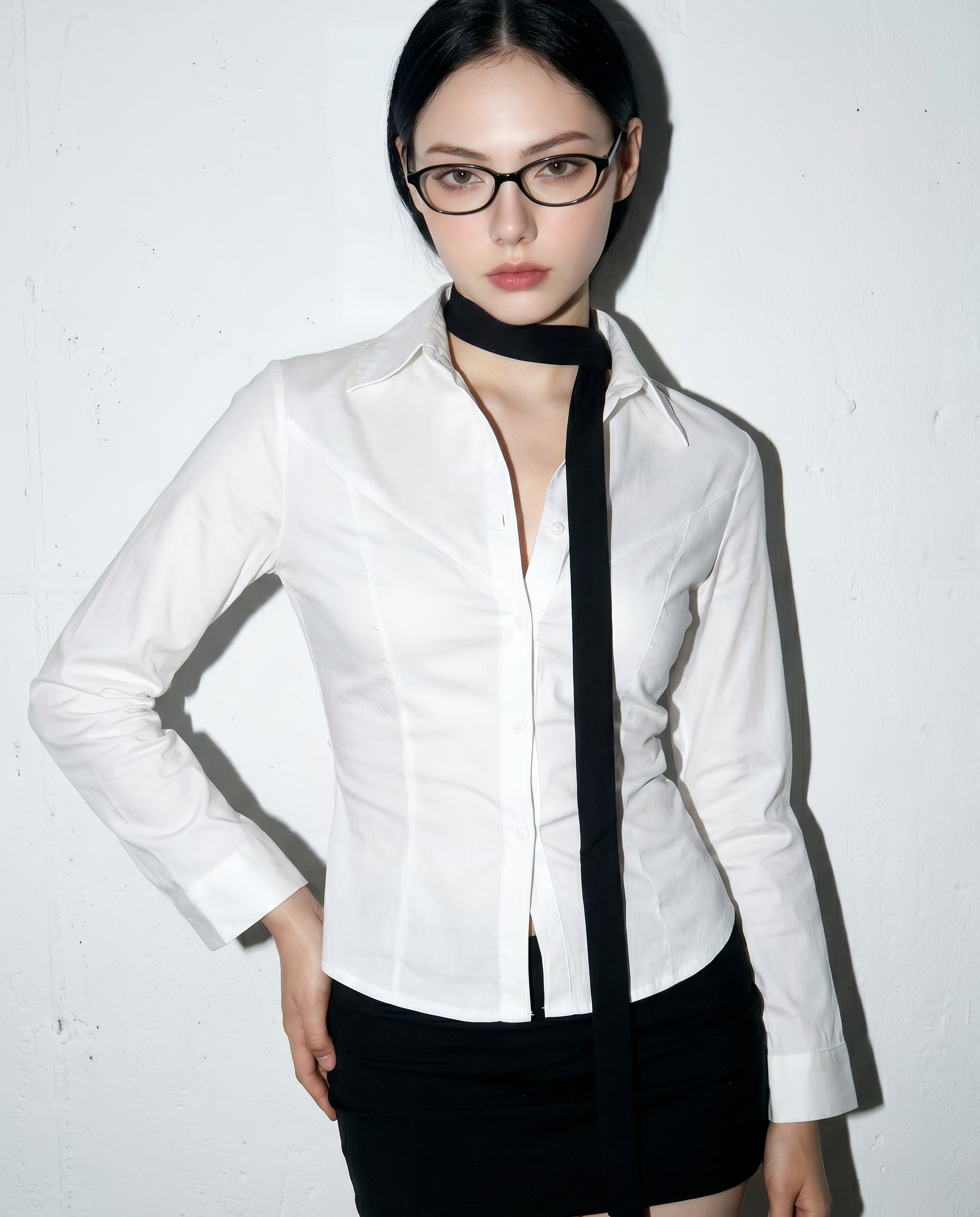 Skinny Long Sleeve Button-Up Shirt with Collar-3