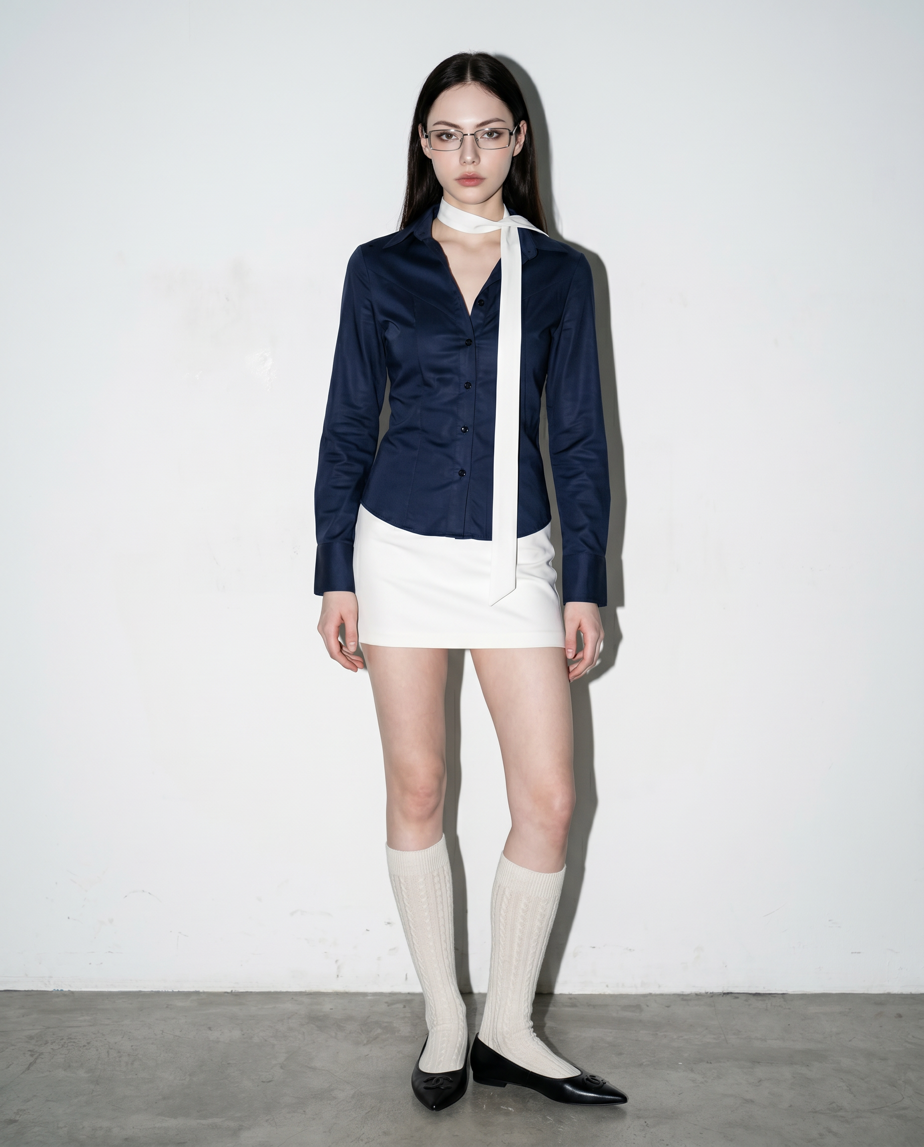 Skinny Long Sleeve Button-Up Shirt with Collar-13