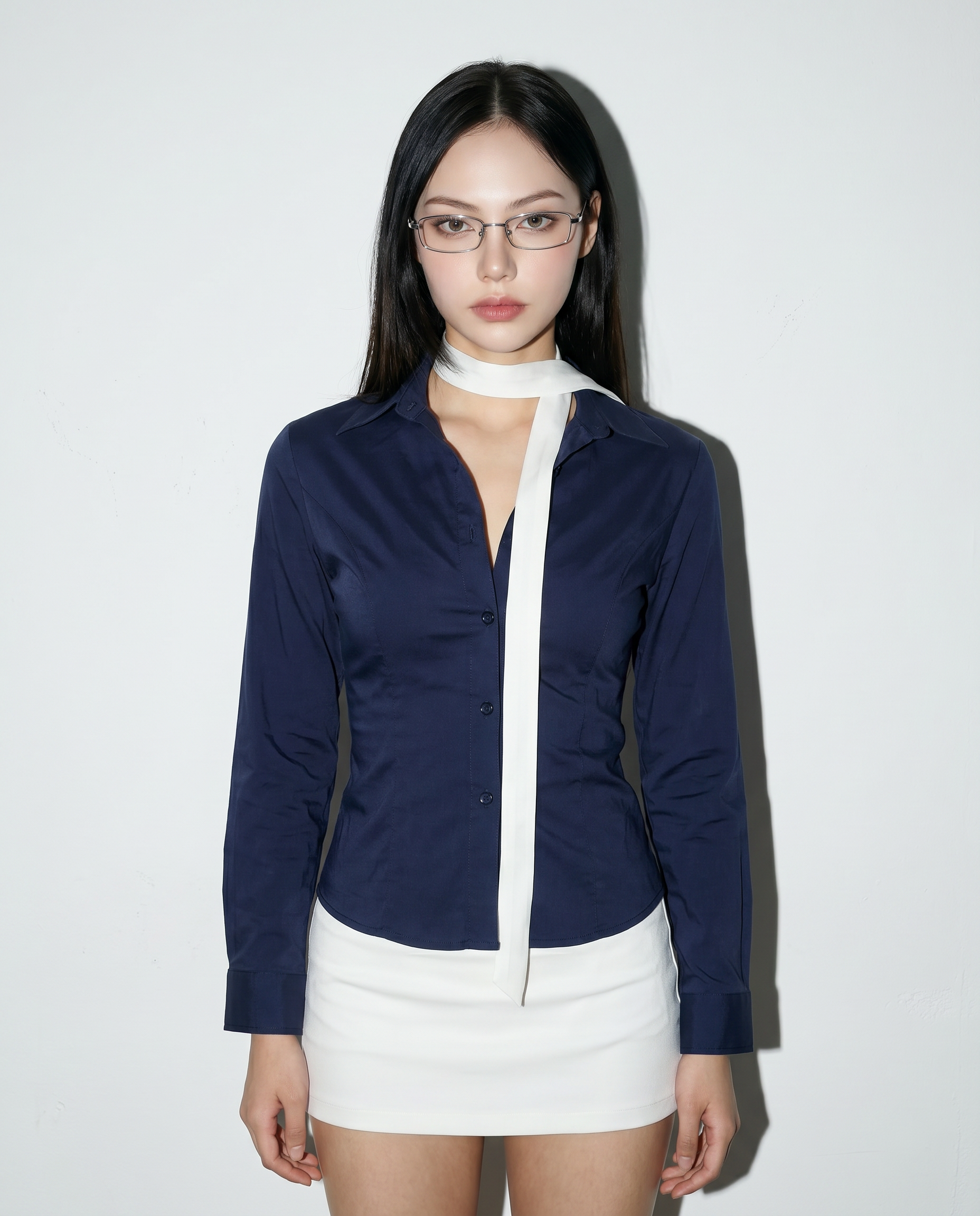 Skinny Long Sleeve Button-Up Shirt with Collar-9