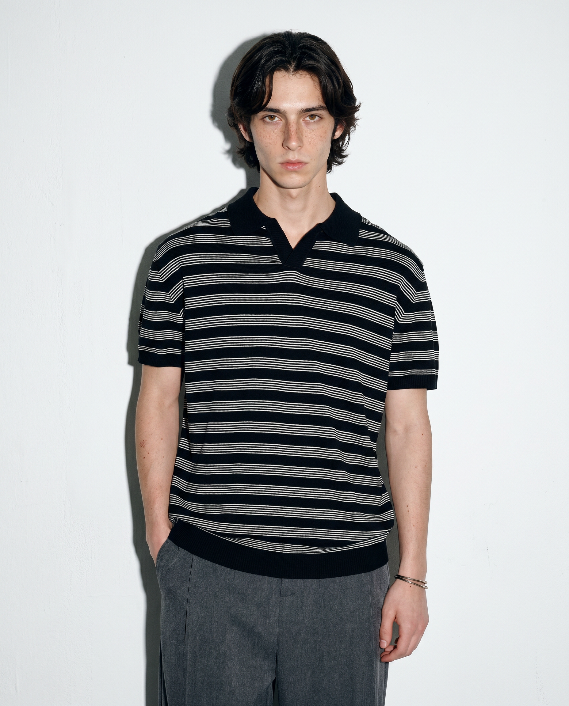 Striped Open Collar Polo Top-12