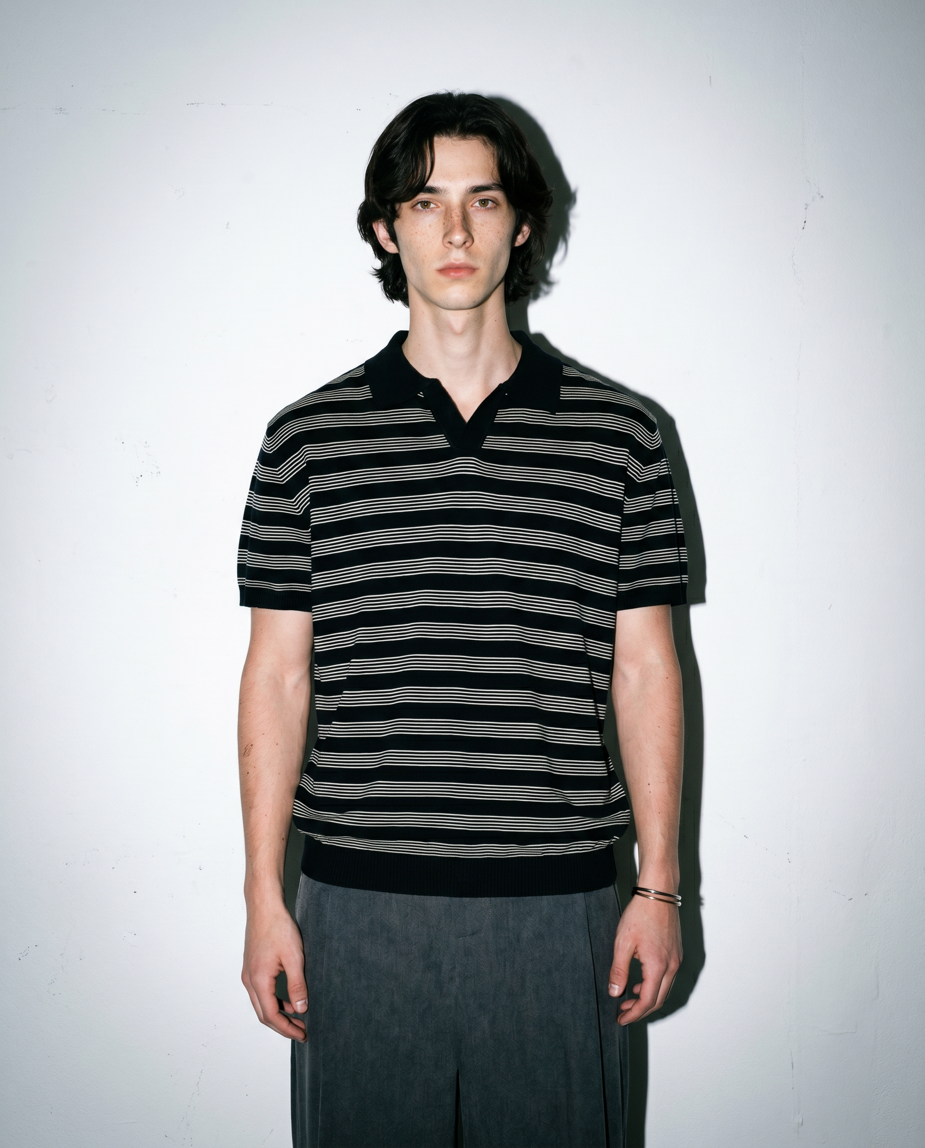 Striped Open Collar Polo Top-11