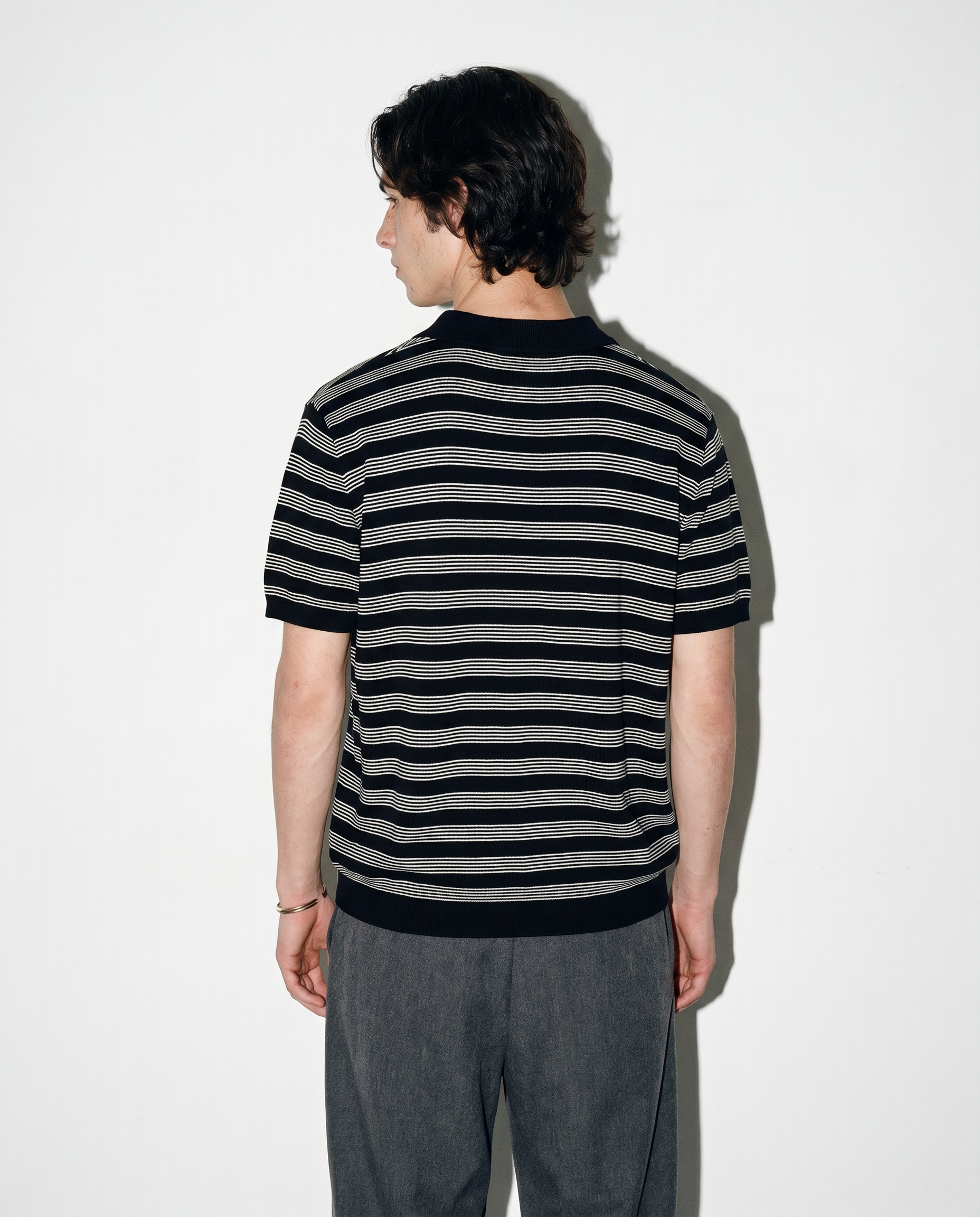 Striped Open Collar Polo Top-13