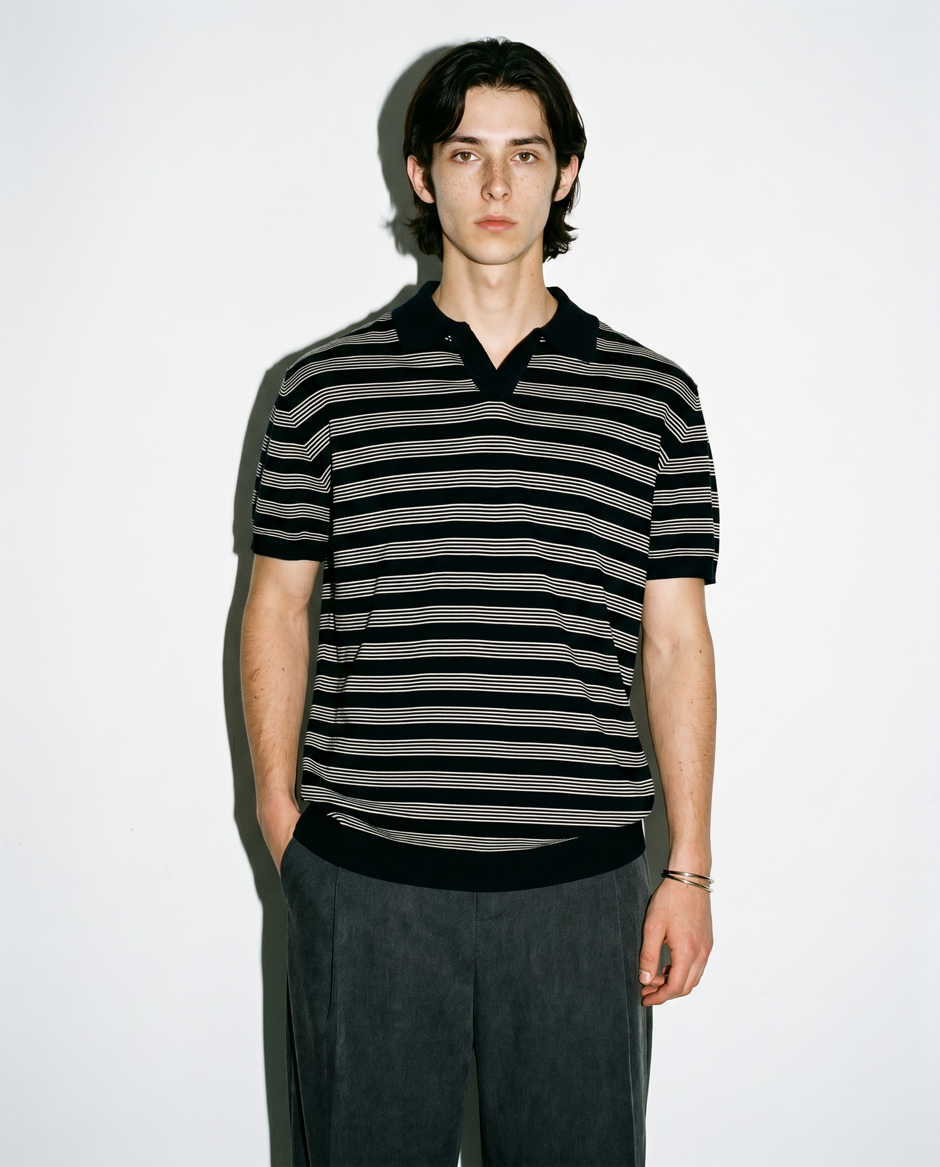 Striped Open Collar Polo Top-10