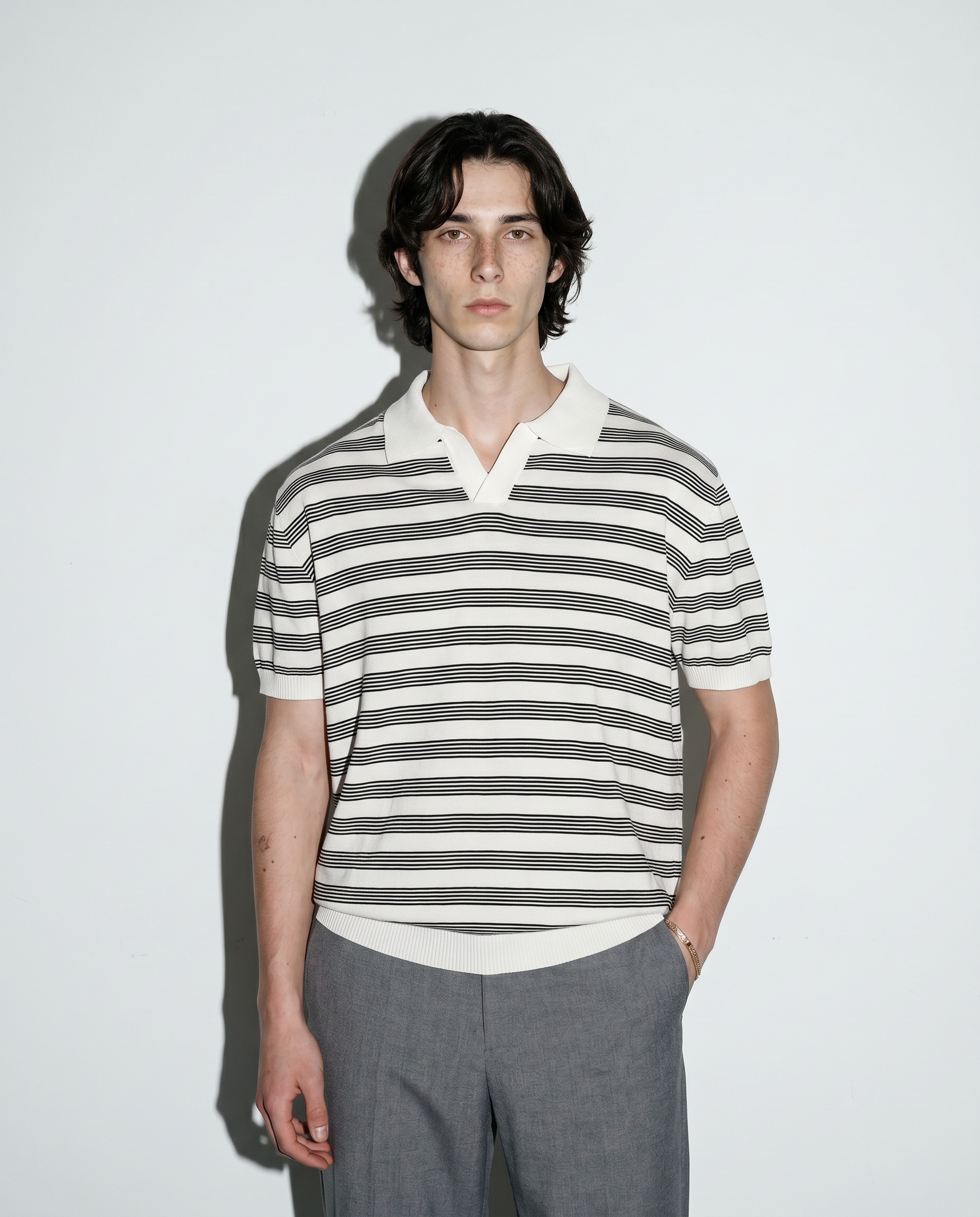Striped Open Collar Polo Top-2