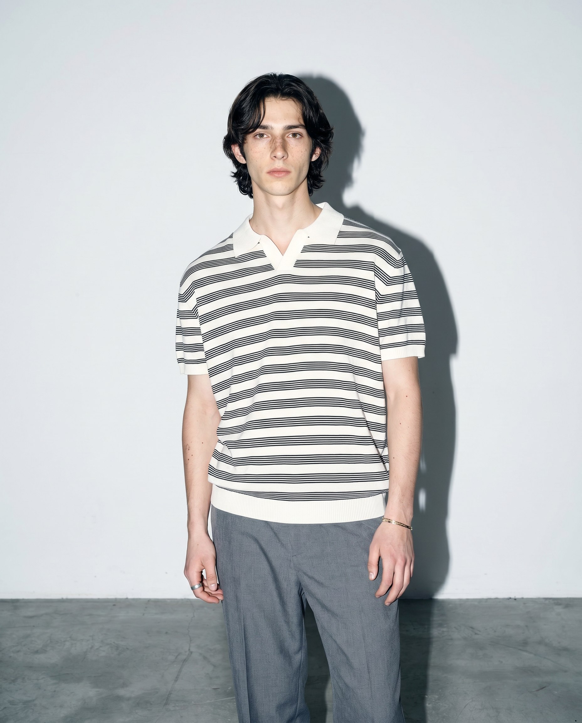 Striped Open Collar Polo Top-4