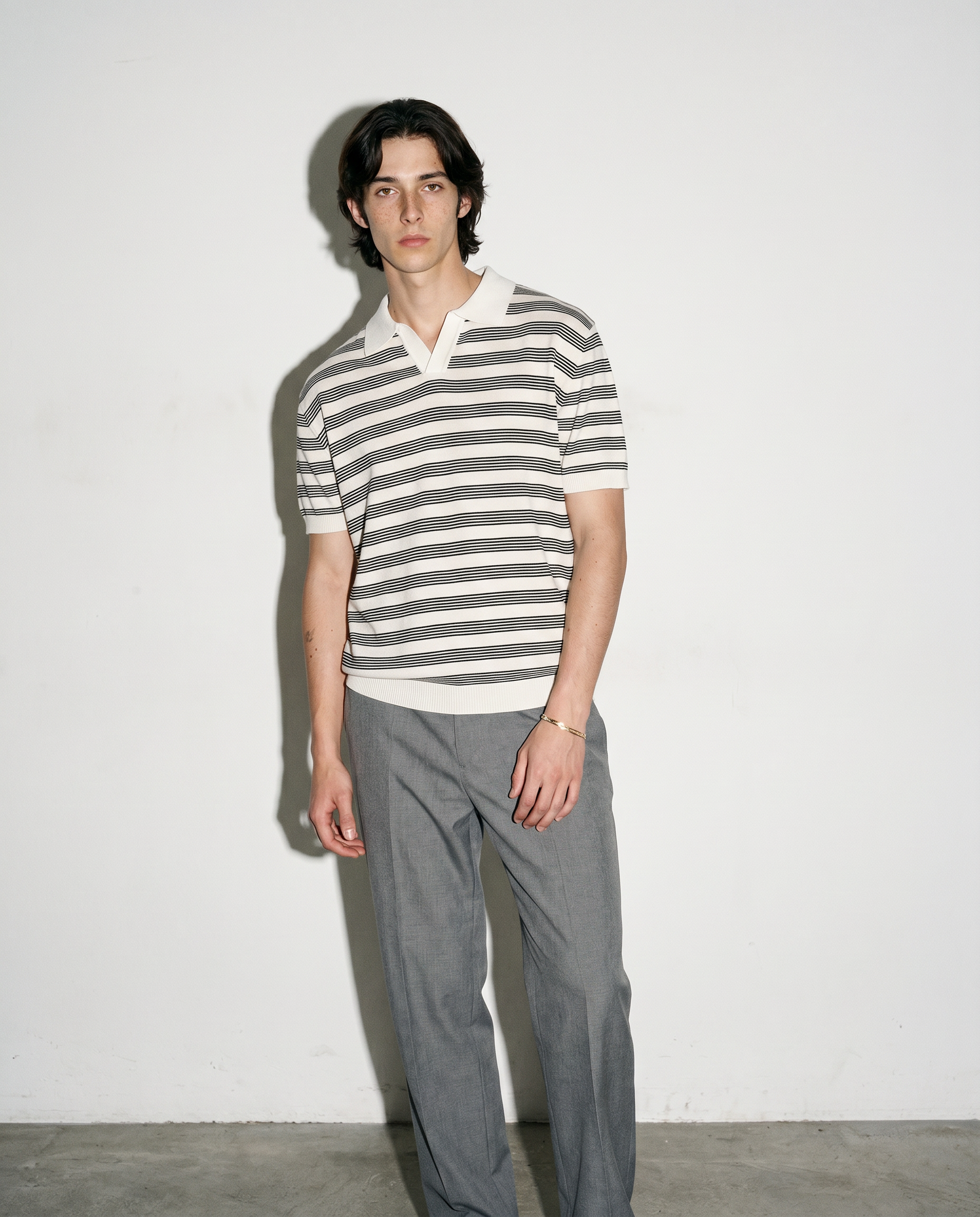Striped Open Collar Polo Top-7