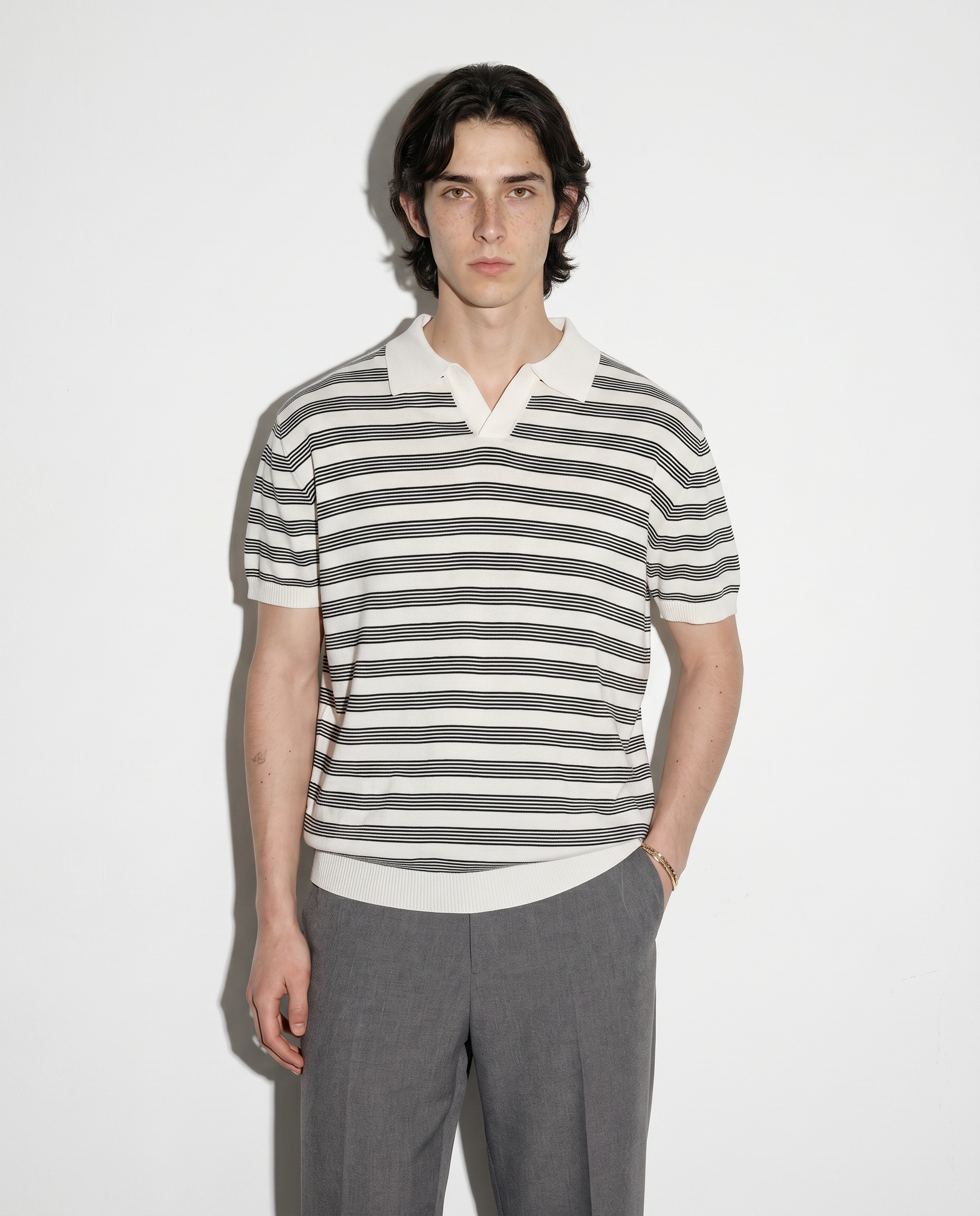 Striped Open Collar Polo Top-3