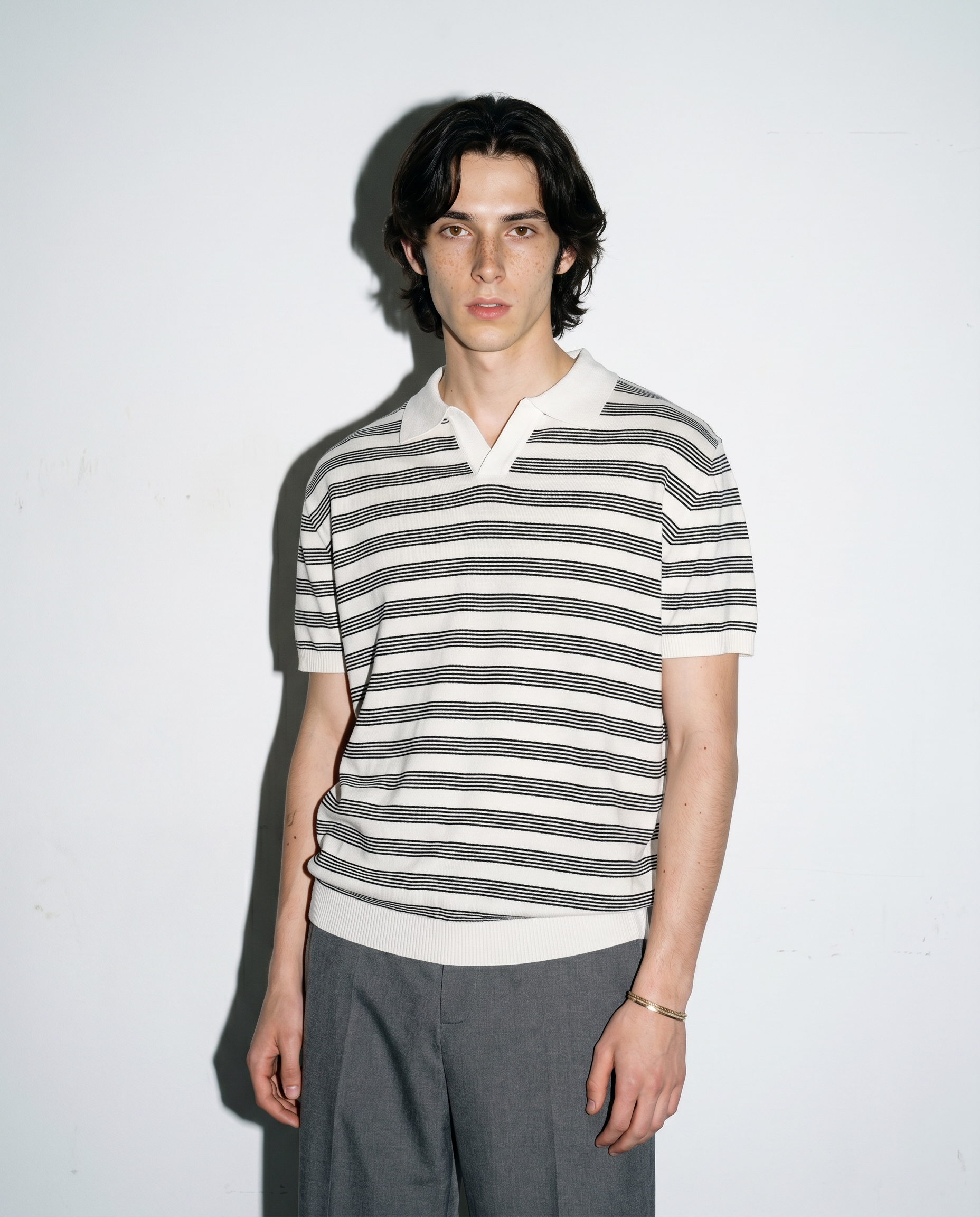 Striped Open Collar Polo Top-1