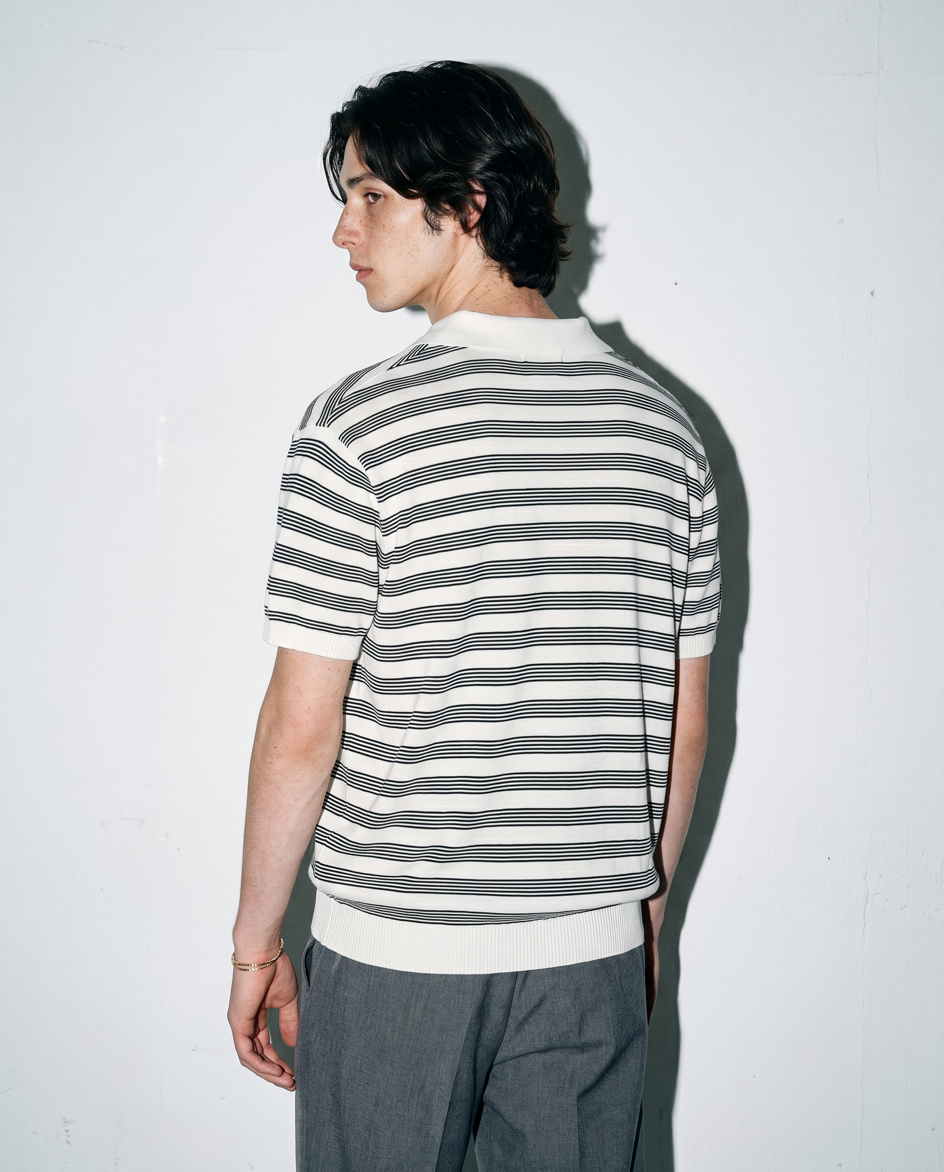 Striped Open Collar Polo Top-6