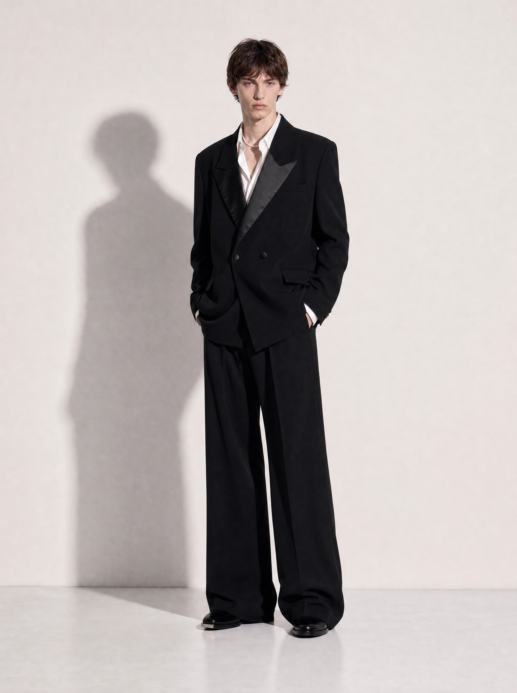 Structured Double-Breasted Satin Lapel Tuxedo Suit-3