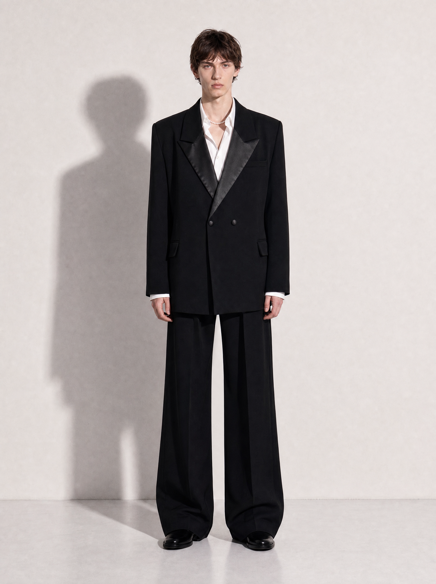 Structured Double-Breasted Satin Lapel Tuxedo Suit-2