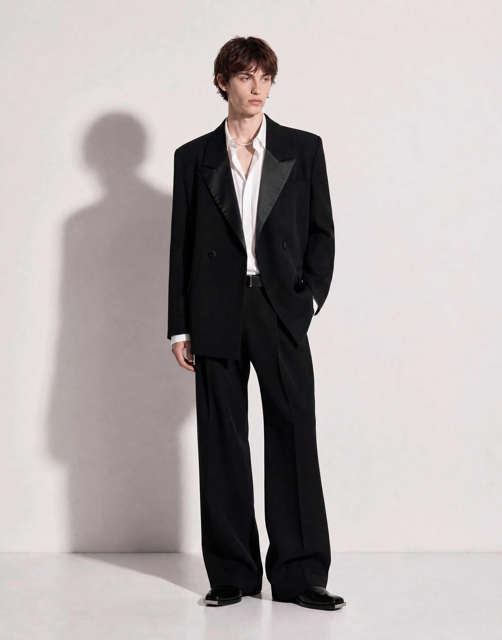 Structured Double-Breasted Satin Lapel Tuxedo Suit