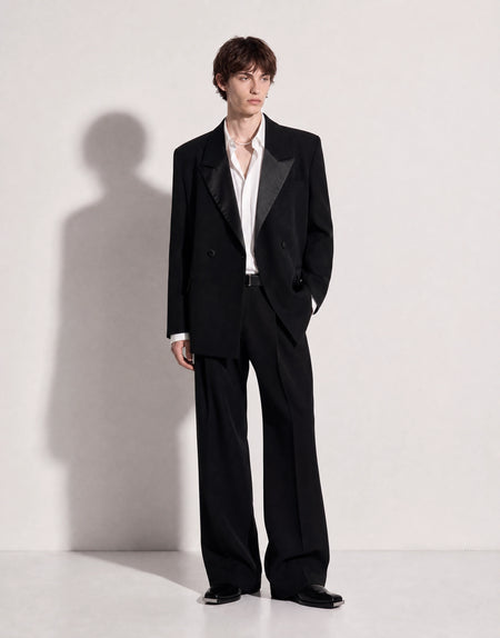 Structured Double-Breasted Satin Lapel Tuxedo Suit