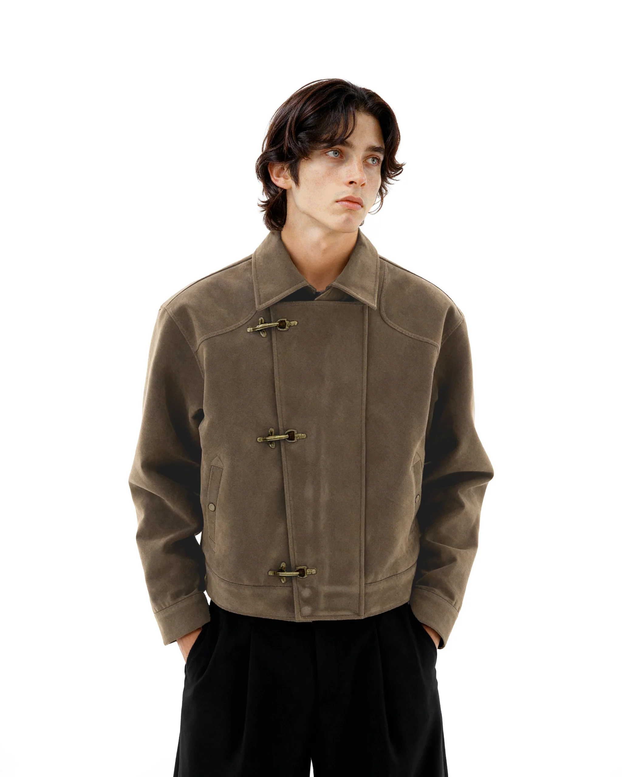 Asymmetric Fireman Buckle Mid Crop Suede Jacket