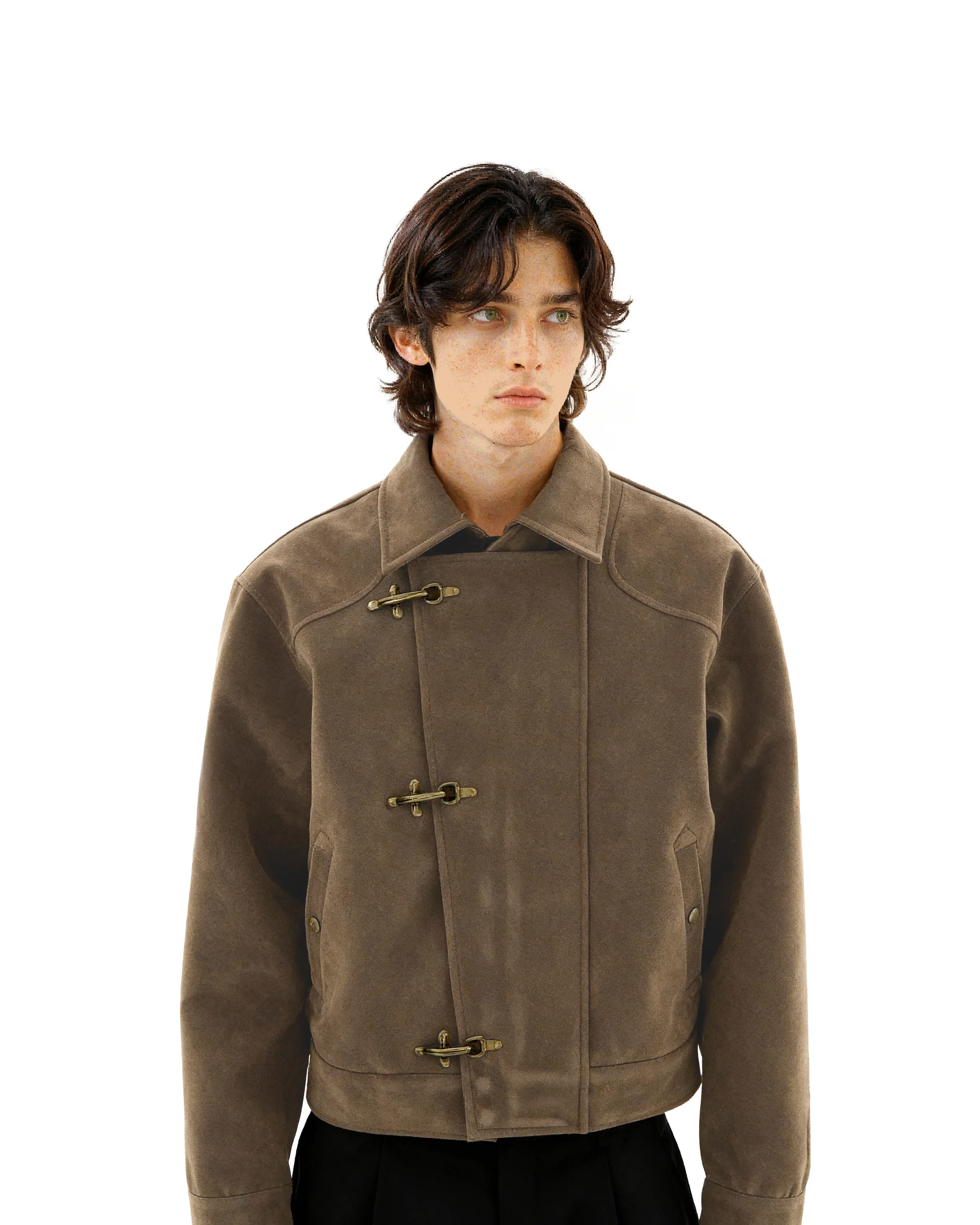 Asymmetric Fireman Buckle Mid Crop Suede Jacket Asymmetric Fireman Buckle Mid Crop Suede Jacket