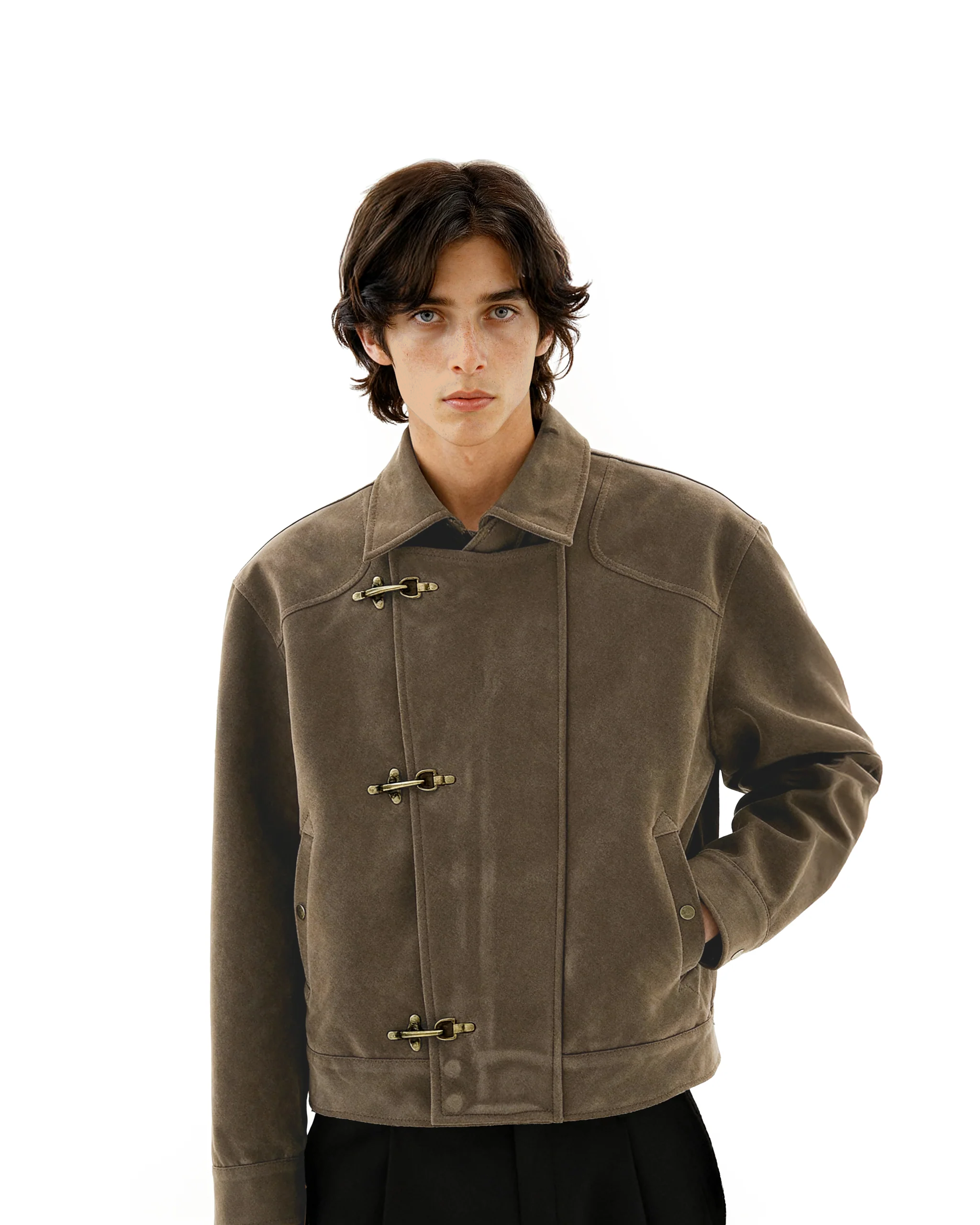 Asymmetric Fireman Buckle Mid Crop Suede Jacket