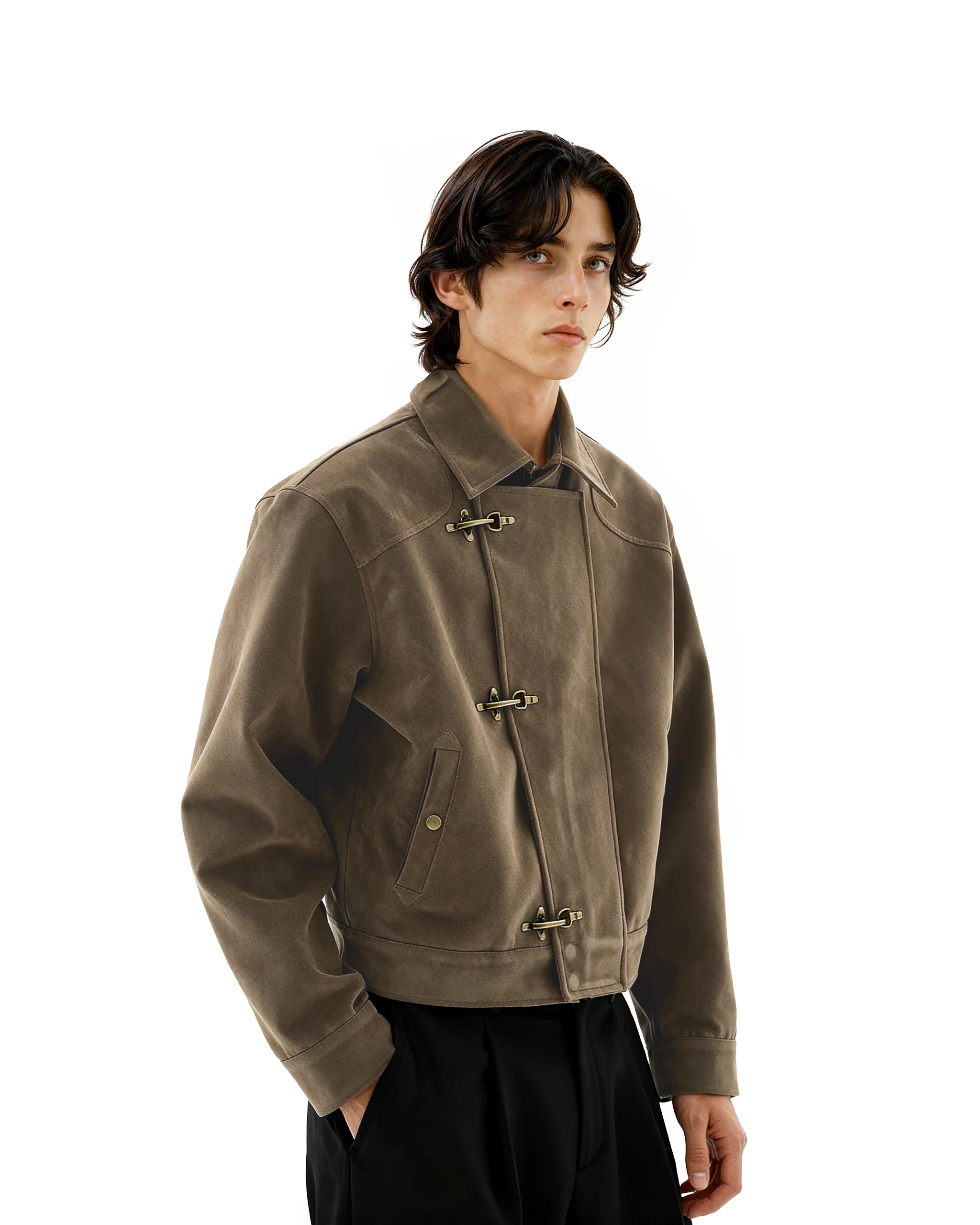 philme suedelike knit blouson フィルム Asymmetric Fireman Buckle Mid Crop Suede Jacket